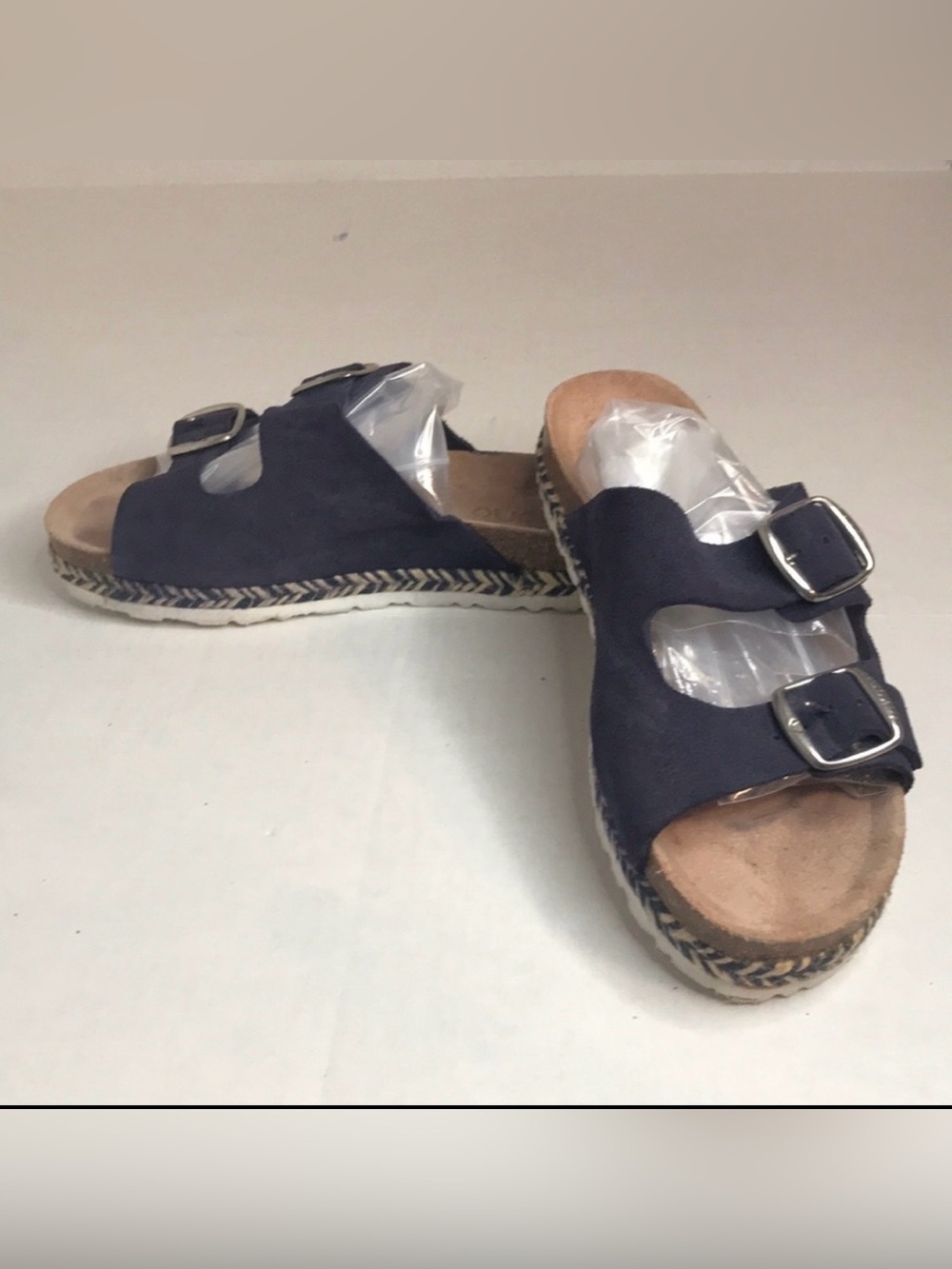 Yokono Double Buckle Strap Suede Cork Footbed Slip On Slide Sandal Blue Size 7.5